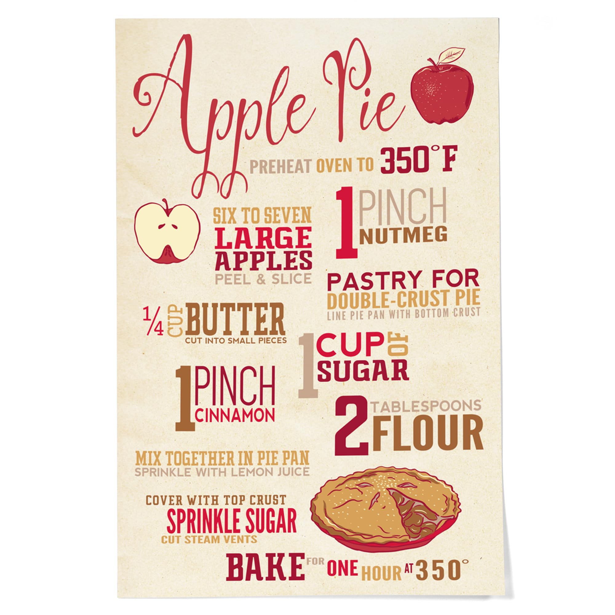 Lantern Press 24x36 Inch Giclee Art Print - Vintage Apple Pie Recipe Typography Wall Decor for Kitchen, Dining Room & Home Office | Perfect for Farmhouse & Rustic Interior Design