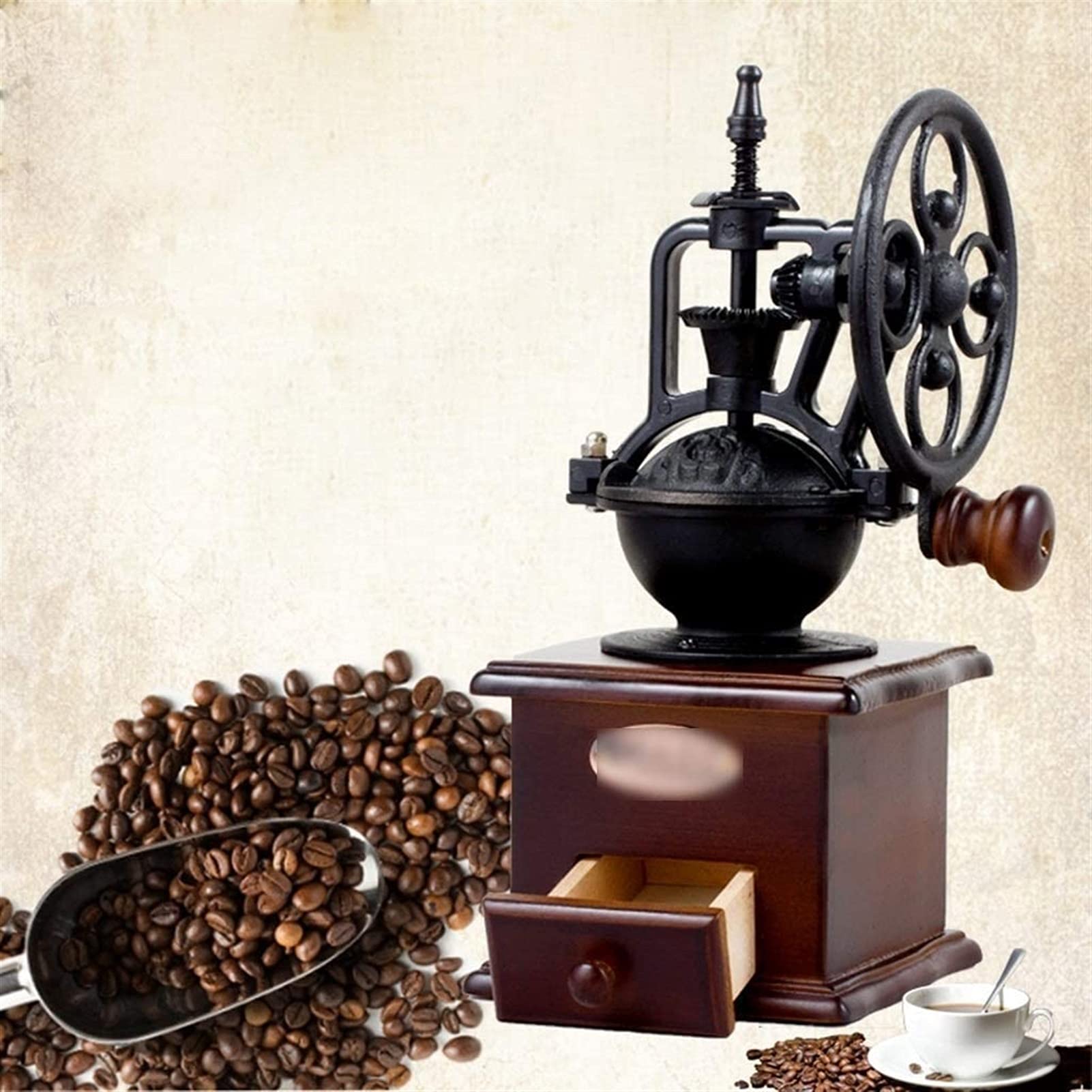 Premium Manual Coffee Grinder - Vintage Wooden Hand Crank Mill with Cast Iron Roller for French Press, Espresso & Pour Over | Perfect for Home, Office & Camping Brewing