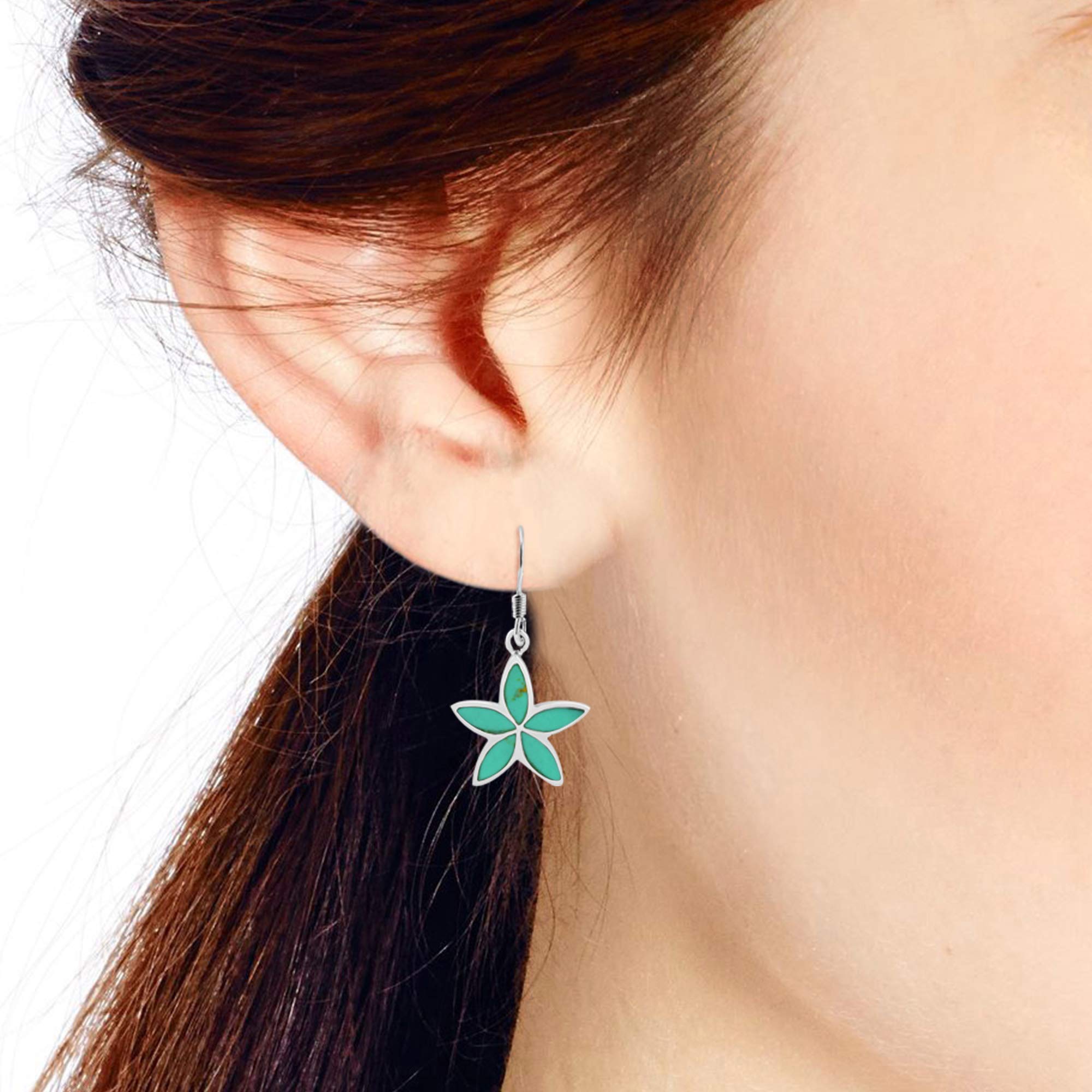 AeraVida Whimsical Floral Star Simulated Green Turquoise Inlay .925 Sterling Silver Dangle Earrings for Women | Elegant Bohemian Jewelry Gift for Daughter, Sister, Wife | Perfect for Parties, Weddings & Date Nights