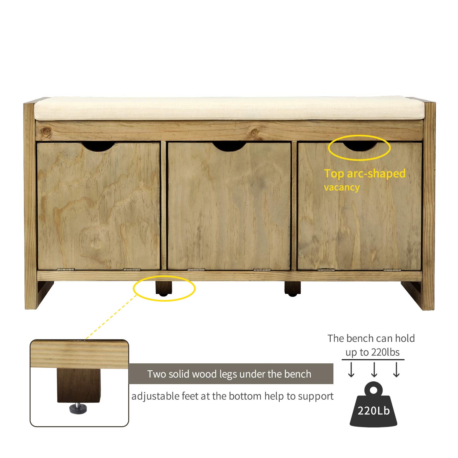 Wooden Storage Bench with Removable Cushion & 3 Flip-Lock Compartments - Entryway Bench, Hallway Seating, Living Room Storage - Perfect for Small Spaces & Home Organization