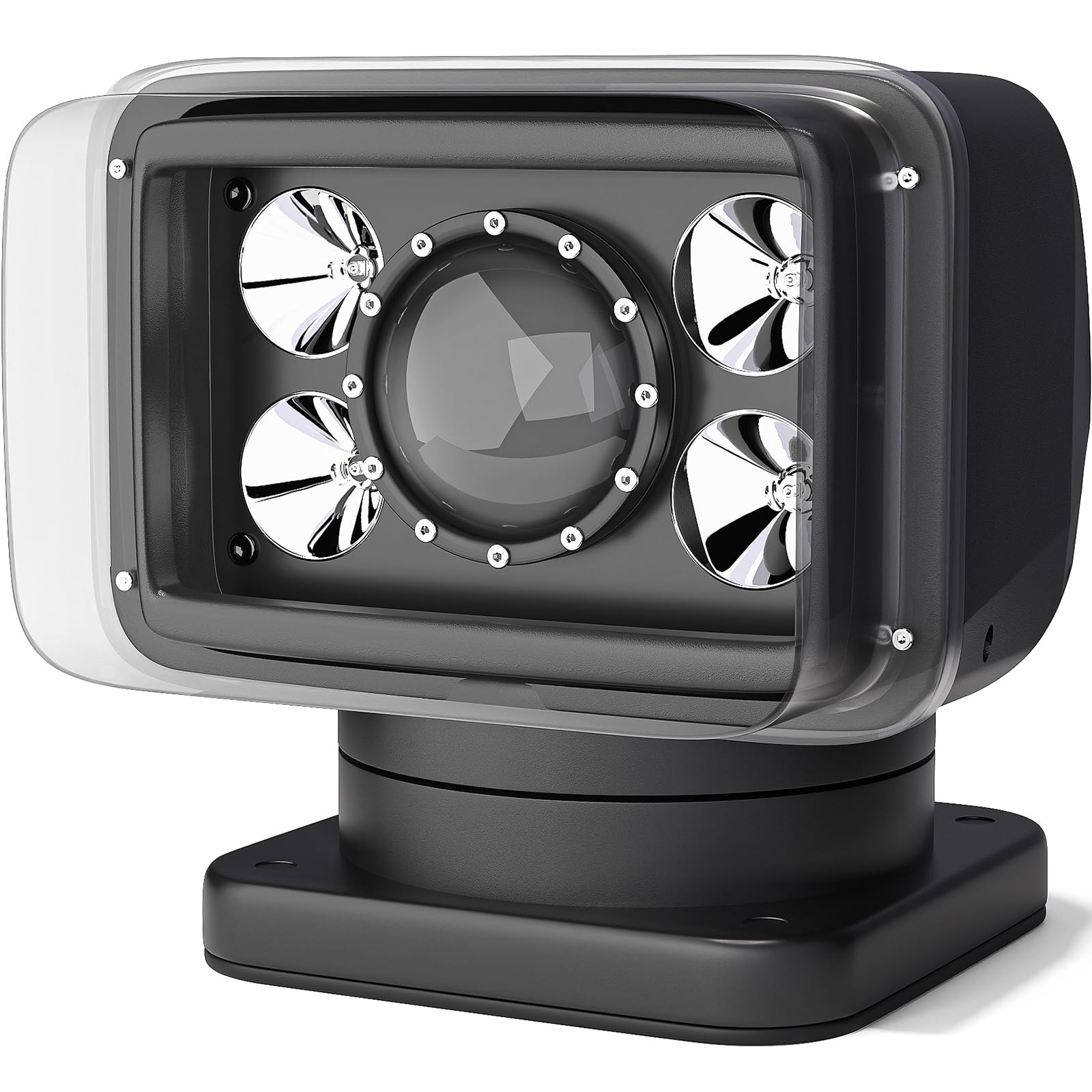 4.0-70W Remote Control LED Search Light with 7 Strong Magnets - 360° Auto-Reset Rotating Spotlight for Boats, Fire Trucks, Cars, Off-Road & Marine Use - Waterproof Outdoor Lighting for Emergency, Hunting & Night Operations (Black)