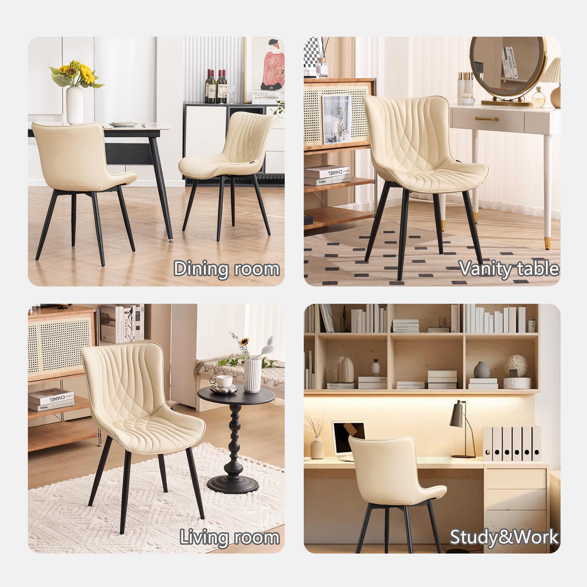 Kidol & Shellder Faux Leather Dining Chairs Set of 2 - Mid Century Modern Kitchen & Dining Room Chairs with Metal Legs, Ergonomic Armless Design for Living Room, Vanity or Home Office (Beige) | Comfortable Seating for Family Meals, Entertaining Guests & Workspace