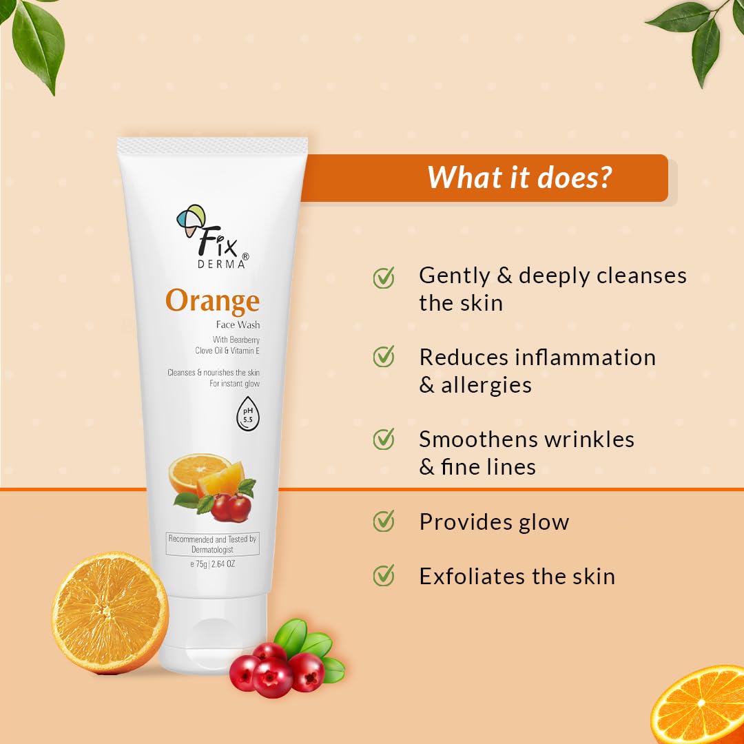 Fixderma Orange Face Wash with Vitamin E & Bearberry - Tan Removal & Brightening Cleanser for Oily, Dry & Combination Skin - Gentle Daily Face Wash for Men & Women (75g) - Perfect for Morning & Night Skincare Routine