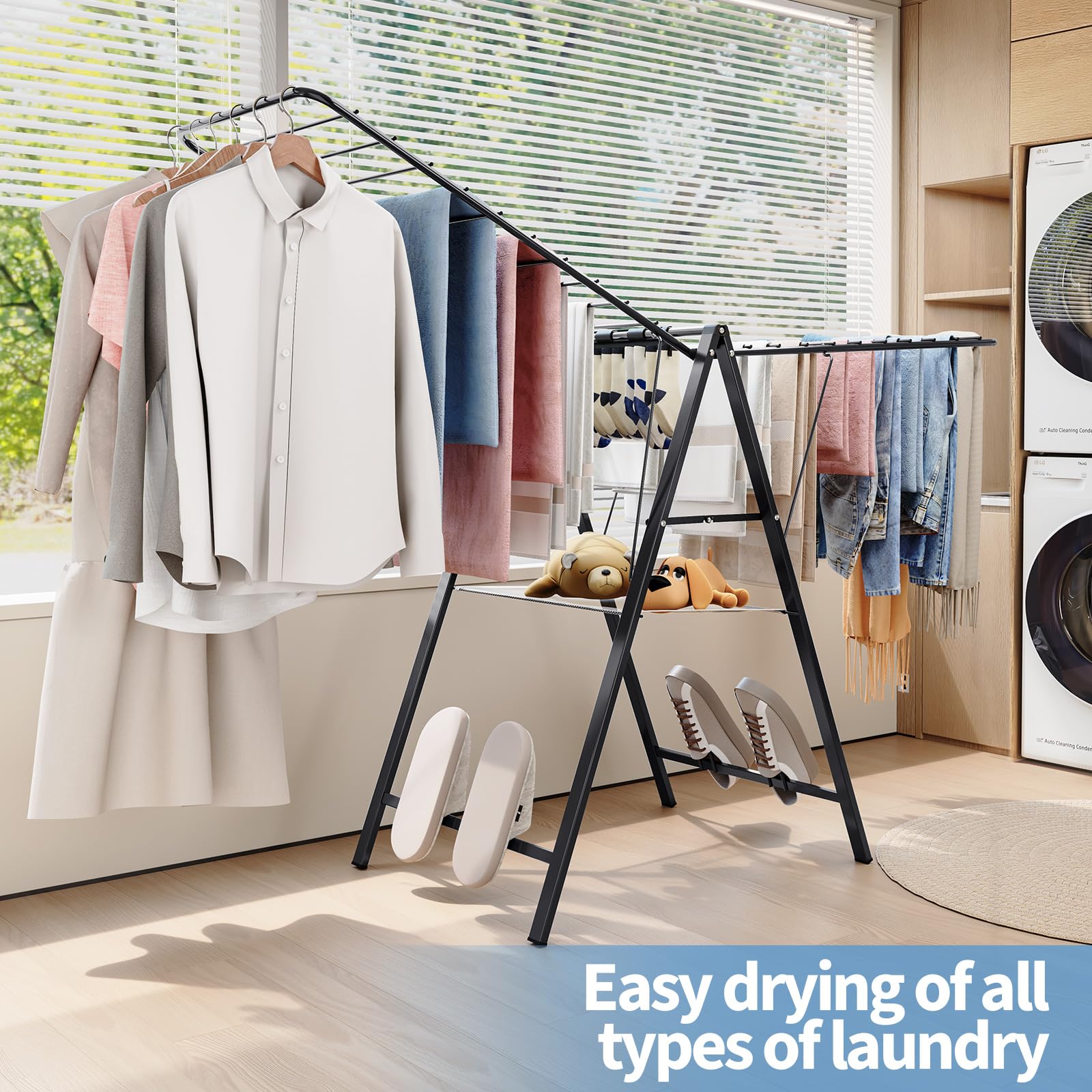 APEXCHASER Foldable Metal Clothes Drying Rack - Adjustable Height Collapsible Laundry Rack for Sweaters, Bras & Towels | Ultra Thin Space Saving Design | Indoor & Outdoor Use for Apartments, Camping & Travel | Black Gullwing Clothes Airer