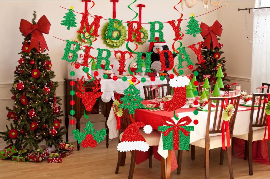 Merry Birthday Banner - Red & Green Glitter Christmas Birthday Party Decorations | Xmas Holiday Banner for Christmas Birthday Celebrations, Home Decor & Festive Parties