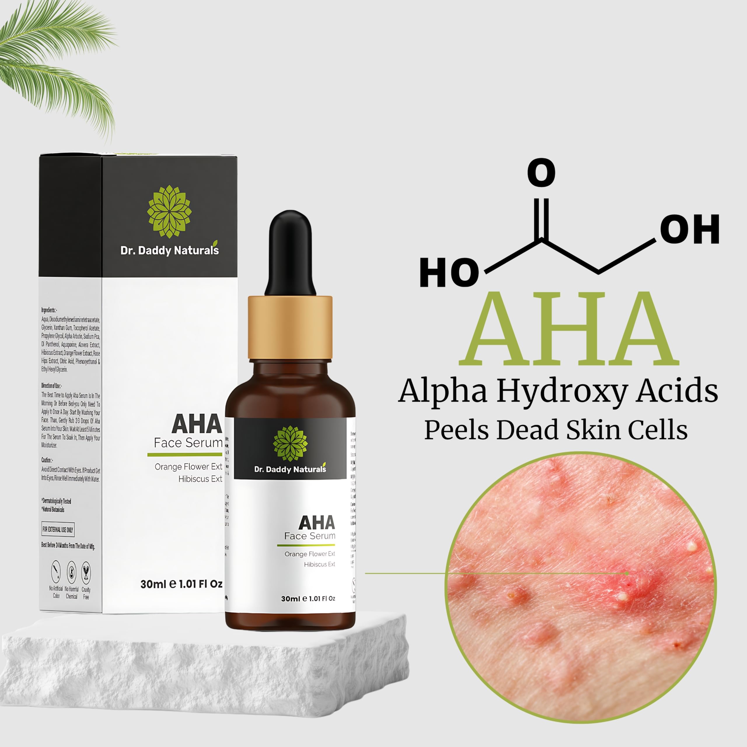 Dr. Daddy Naturals AHA Face Serum with Orange Flower & Hibiscus Extract - Acne Spot Treatment for Clear Skin, Brightening & Smoothing - Suitable for Normal, Oily, Dry & Combination Skin - Paraben & Sulfate Free, Fragrance Free - 30ml - Perfect for Daily Skincare Routine & Nighttime Skin Repair
