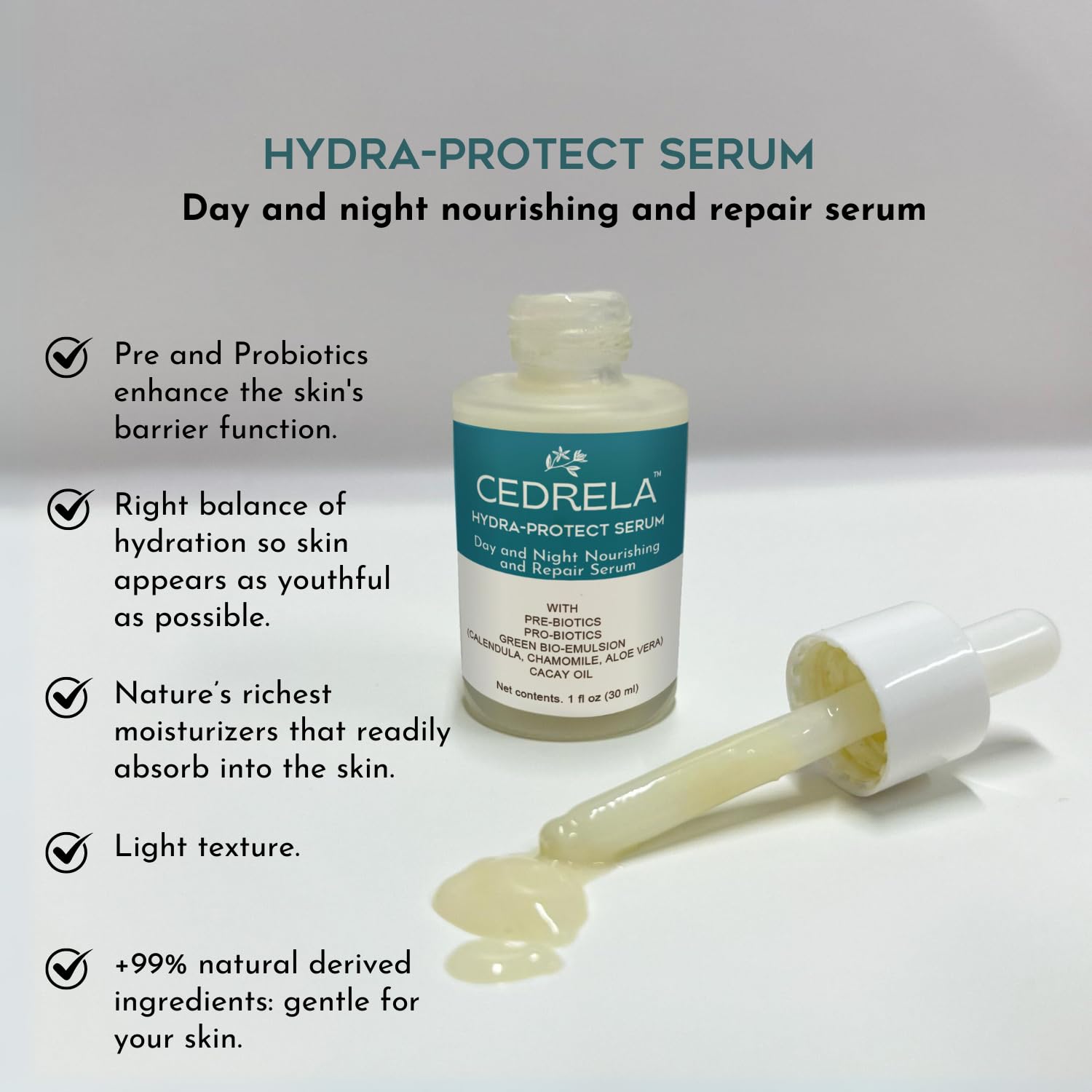 Cedrela Hydra-Protect Serum - Day & Night Nourishing Repair with Prebiotics, Probiotics, Bioemulsion, Calendula, Chamomile & Aloe Vera - Vegan, All-Natural Facial Serum (1 fl oz) - Hydrating Skincare for Dry, Sensitive Skin - Perfect for Daily Moisturizing Routine & Anti-Aging Care