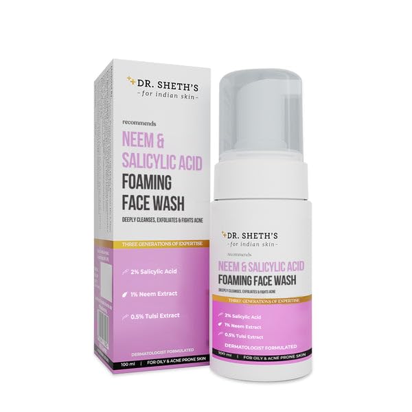 Dr. Sheth's Neem & Salicylic Acid Foaming Face Wash for Acne-Prone Skin | Exfoliating & Cleansing Facial Cleanser with Natural Ingredients | 100ml | Perfect for Daily Skincare Routine & Blemish Control