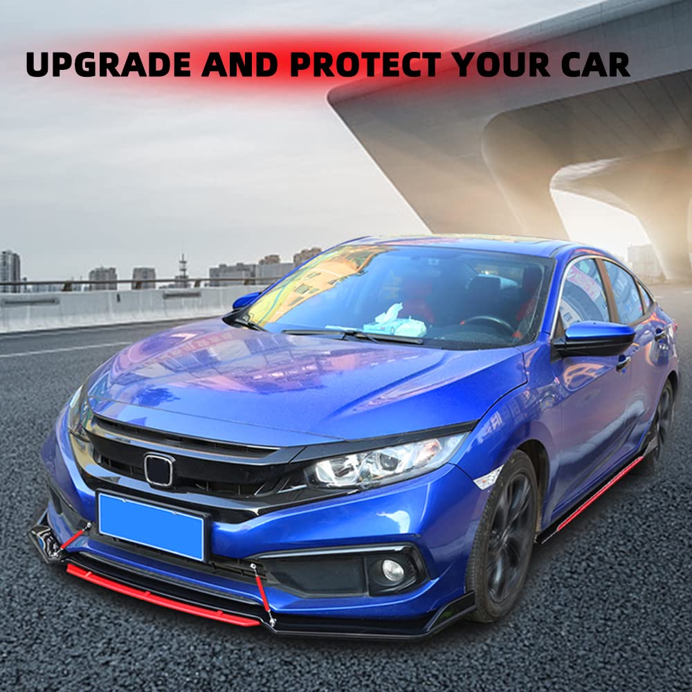 Glossy Black & Red Universal Front Bumper Lip Spoiler Diffuser Body Kit with Adjustable Support Splitter Rod & Side Skirts - Compatible with Most Cars | Enhance Aerodynamics & Sporty Style for Street Racing & Car Shows