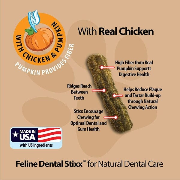 Emerald Pet Feline Dental Stixx Chicken & Pumpkin Flavor Cat Treats for Teeth Cleaning - Fresh Breath & Oral Care for Indoor & Outdoor Cats