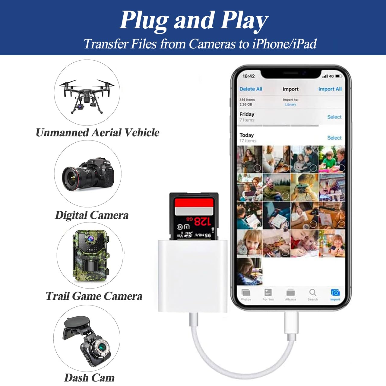 High-Speed SD Card Reader for iPhone & iPad - Compatible with iPhone 14/13/12/11/XS/XR/X/8/7/SE & iPad - Memory Card Adapter for Trail Cameras, DSLR Photos & File Transfer - Perfect for Outdoor Photography, Hunting & Content Creators