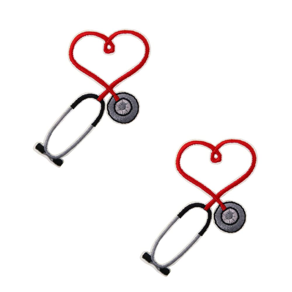 Red Stethoscope Embroidered Iron-On Patches for Scrubs - Nurse & Doctor Medical Applique - Perfect for Uniforms, Lab Coats & Medical Accessories