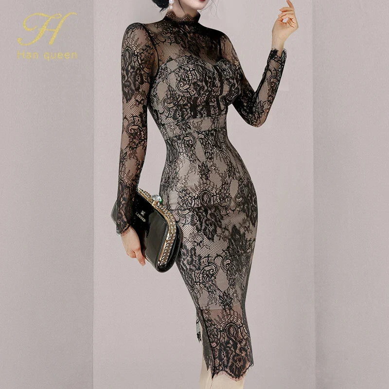 Elegant Korean Fashion Lace Crochet Flower Pencil Dress for Women - See Through Autumn Party Dress, Casual & Formal Occasions