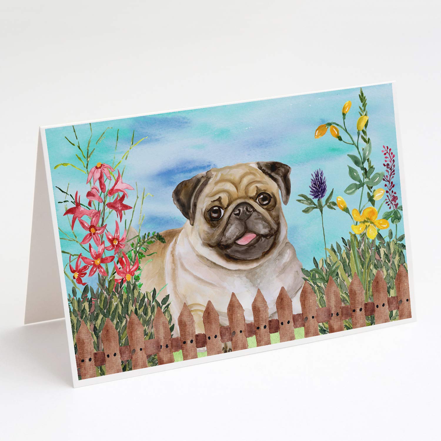 Fawn Pug Spring Greeting Cards - Pack of 8 Blank A7 Note Cards with Envelopes (5x7 Inch) | Whimsical Animal Stationery for Birthday, Thank You & Holiday Cards | Perfect for Dog Lovers & Pet Themed Occasions