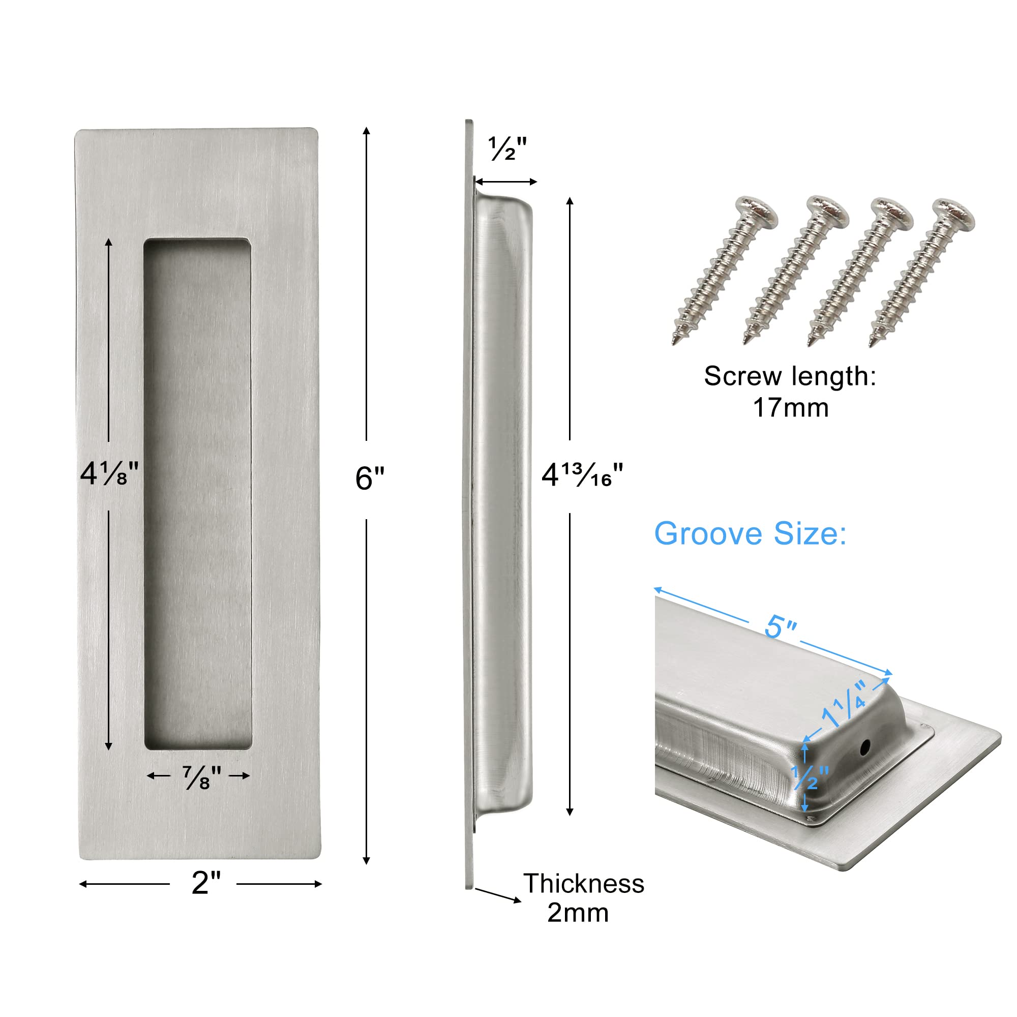 6 Inch Recessed Finger Flush Pulls for Pocket Door & Closet Door - Brushed Stainless Steel Sliding Barn Door Handles (2 Pack) - Perfect for Modern Home, Office & Cabinet Hardware Installation