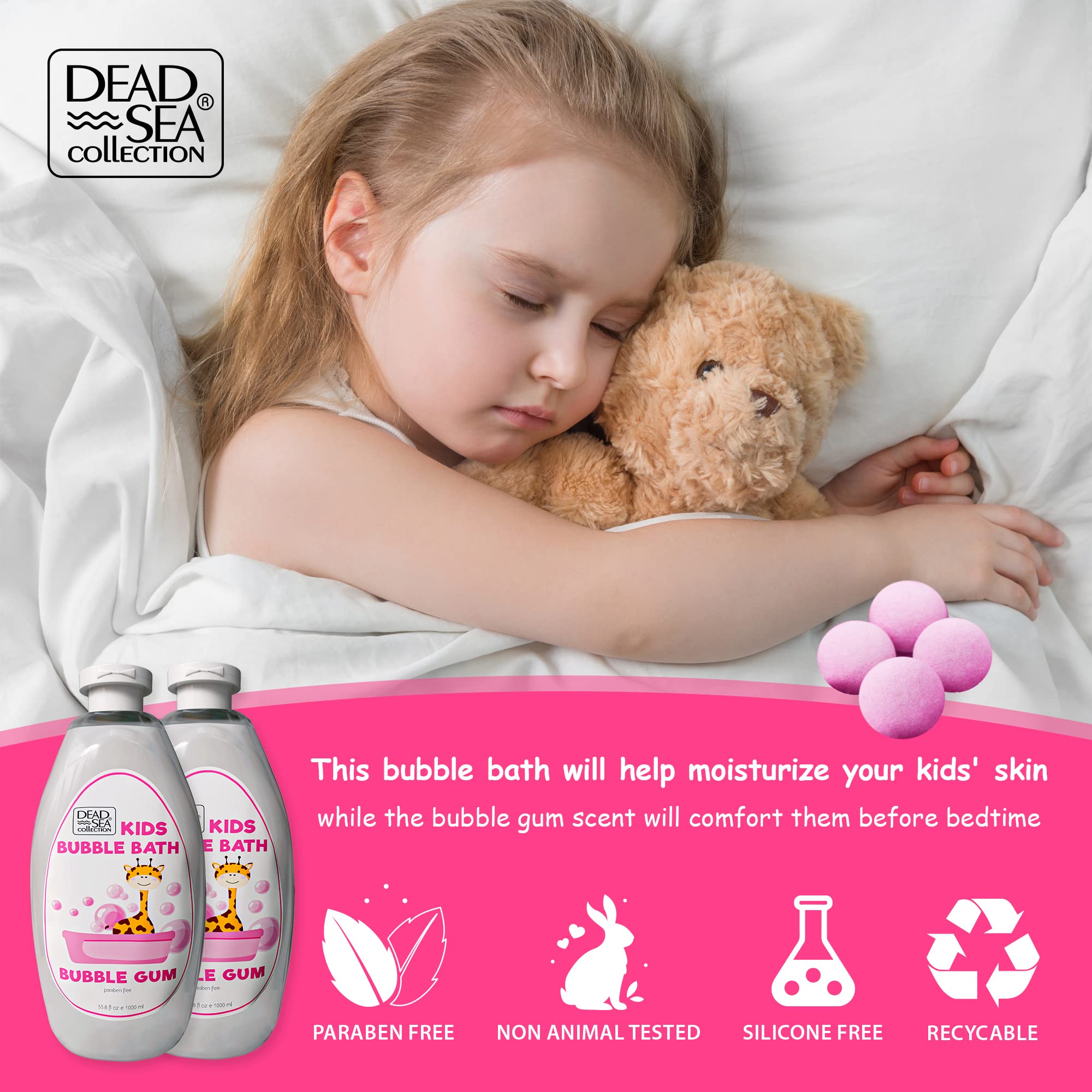Dead Sea Mineral Bubble Bath for Kids - Bubble Gum Scented Cleansing & Moisturizing Bath Solution - 2 Pack (67.6 fl.oz) - Perfect for Relaxing Bath Time & Skin Care Routine