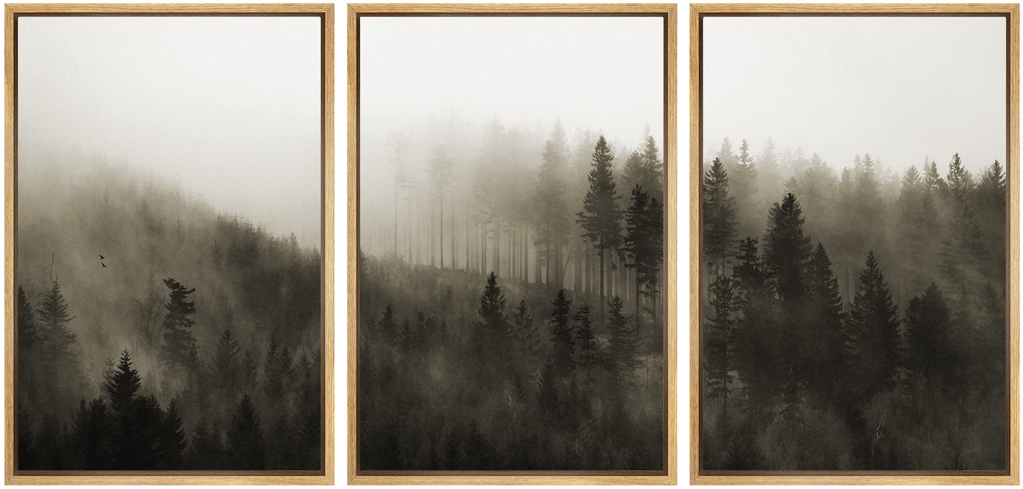 Framed Canvas Print Wall Art - Woodland Nursery Decor Set with Misty Pine Tree Forest Landscape, Modern Rustic Nature Art for Living Room, Bedroom, Office - 24