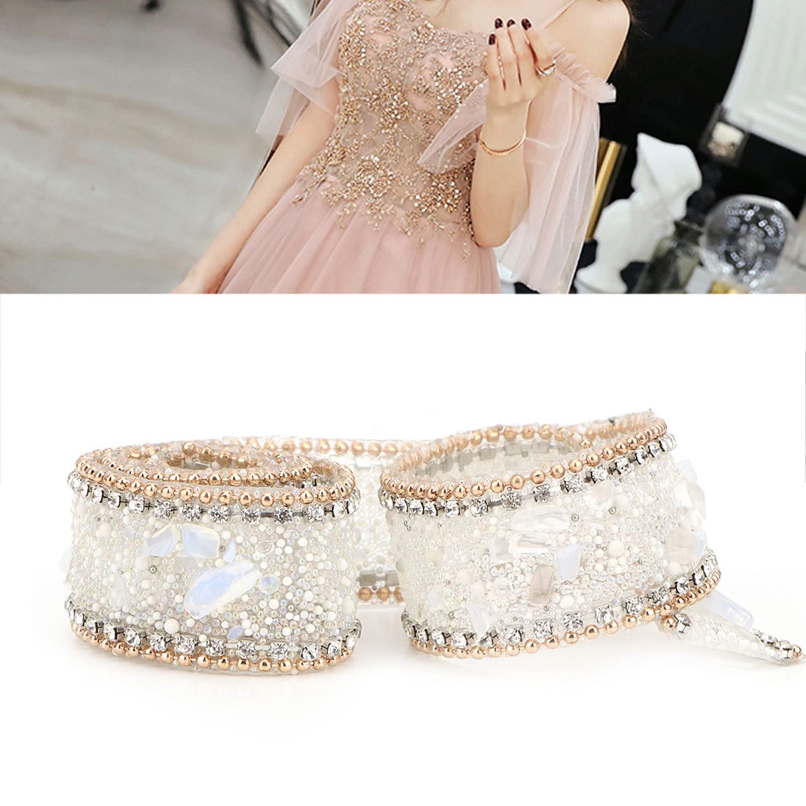 Rhinestone Ribbon & Crystal Chain Trim - Gold Bead Embellishment for Wedding Dresses, Bridal Gowns & Evening Wear Decoration | Elegant Dress Embellishment for DIY Fashion & Formal Attire
