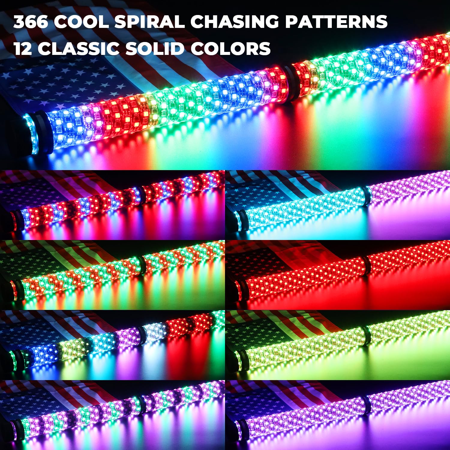 2Pcs 2FT LED Fat Whip Lights with Spring Base - 360° Spiral RGB Chasing Lighted Antenna for Cars, Trucks, ATVs & UTVs | App & Remote Control | Perfect for Off-Roading, Night Rides & Vehicle Customization