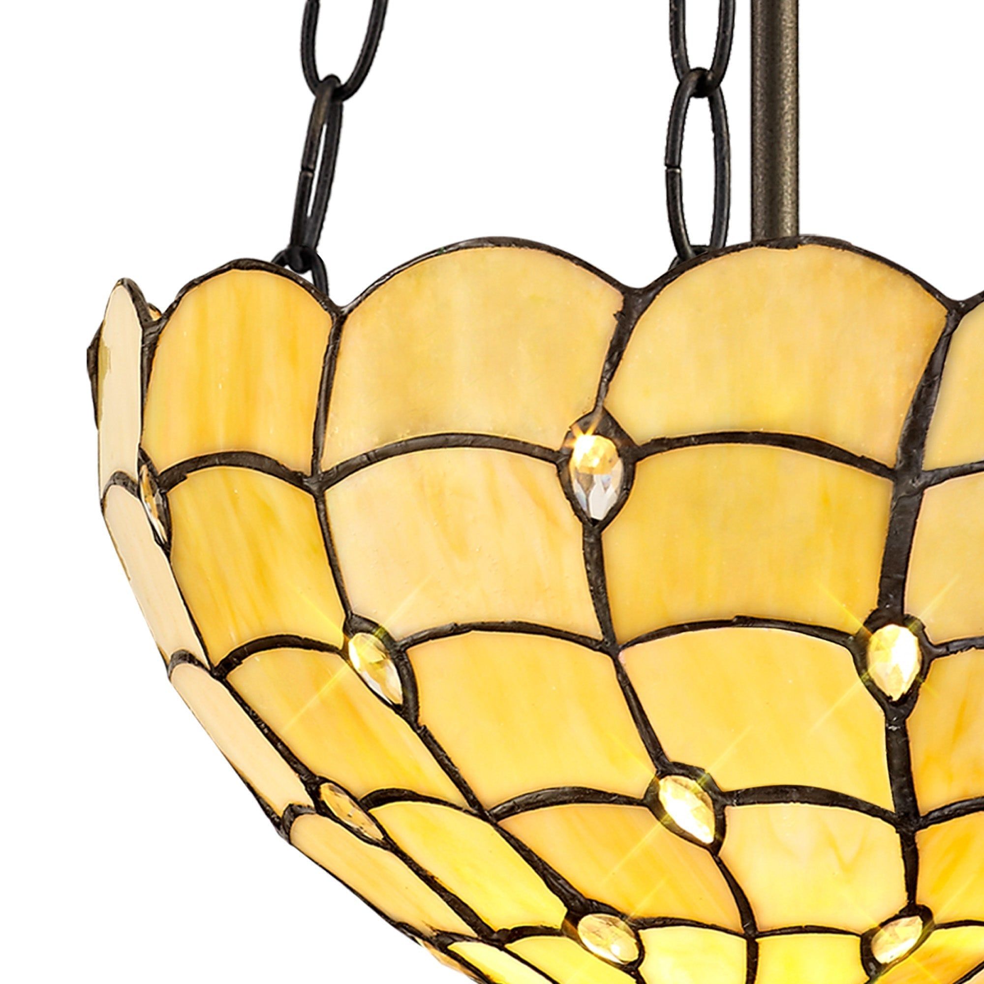 Aero 2 Light Uplighter Pendant with 30cm Tiffany Shade - E27 Socket, Beige/Clear Crystal/Aged Antique Brass Finish - Perfect for Dining Room, Bedroom, or Living Room Lighting