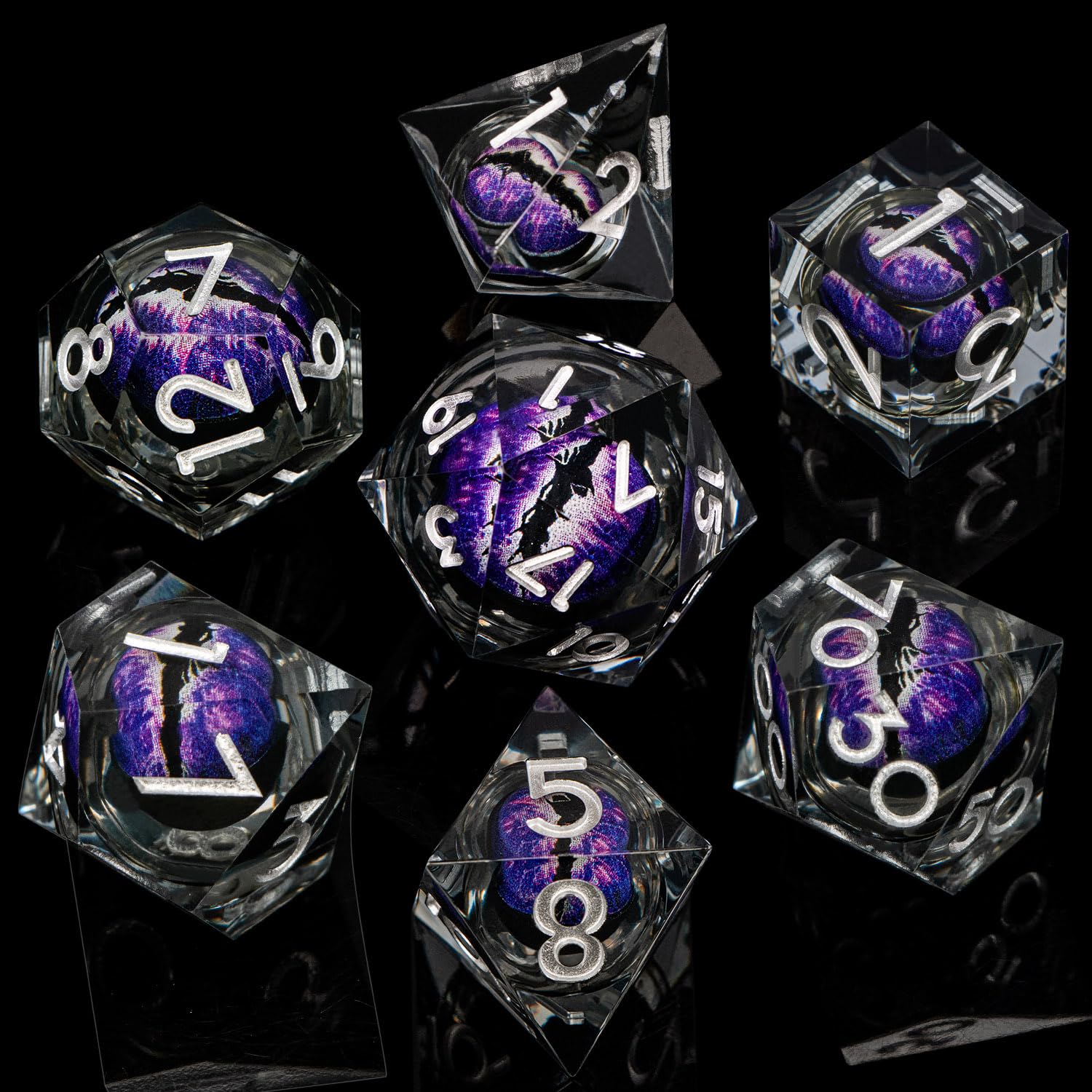 ARUOHHA DND Resin Dice Set - Dragon Eye Liquid Core Purple Sharp Edged Polyhedral Dice for Dungeons & Dragons RPG (D20, D12, D10, D8, D6, D4) with Gift Box | Perfect for Tabletop Gaming, D&D Campaigns & Collectors