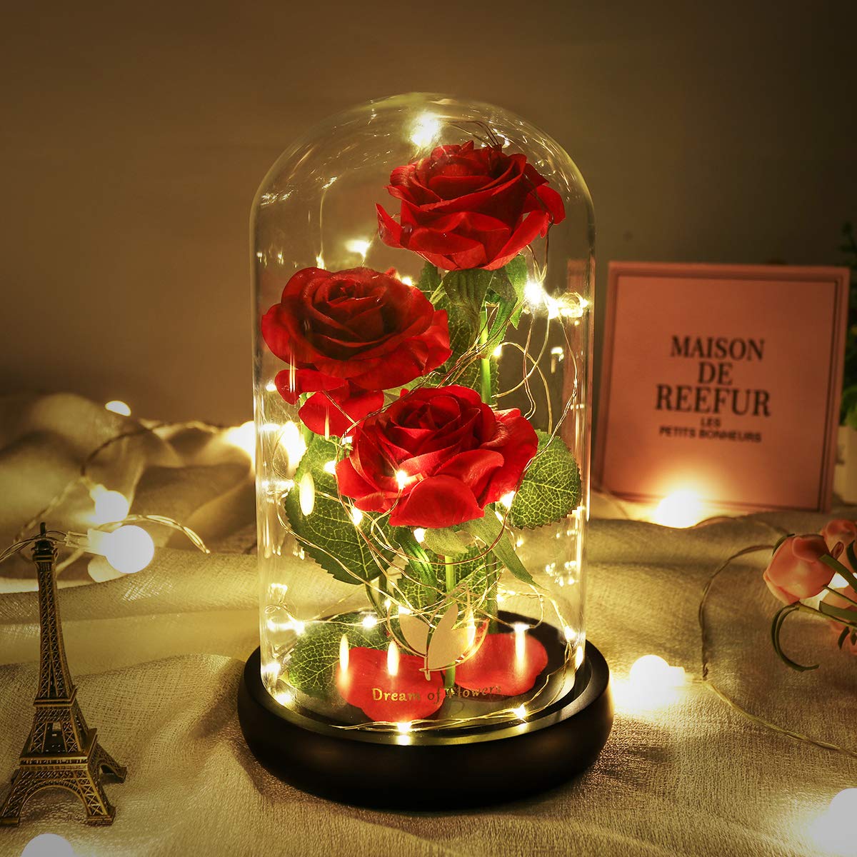 Beauty and The Beast Rose - Classic Red LED Rose with Falling Petals in Glass Dome, Romantic Birthday Gift for Women, Mom & Her | Perfect for Valentine's Day, Anniversaries & Home Decor