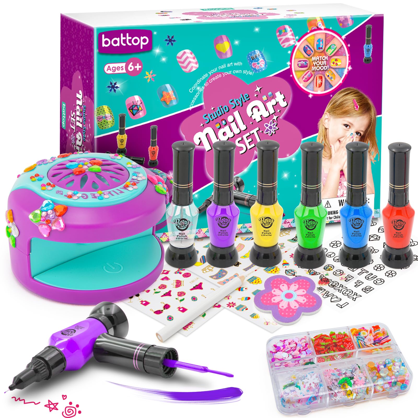 BATTOP Kids Nail Polish Set for Girls - Non-Toxic Water-Based Nail Art Kit with Nail Dryer, 3D Decorations & Stickers | Perfect Birthday Gift for Girls Ages 7-12 | Fun DIY Nail Design for Parties, Playdates & Creative Play