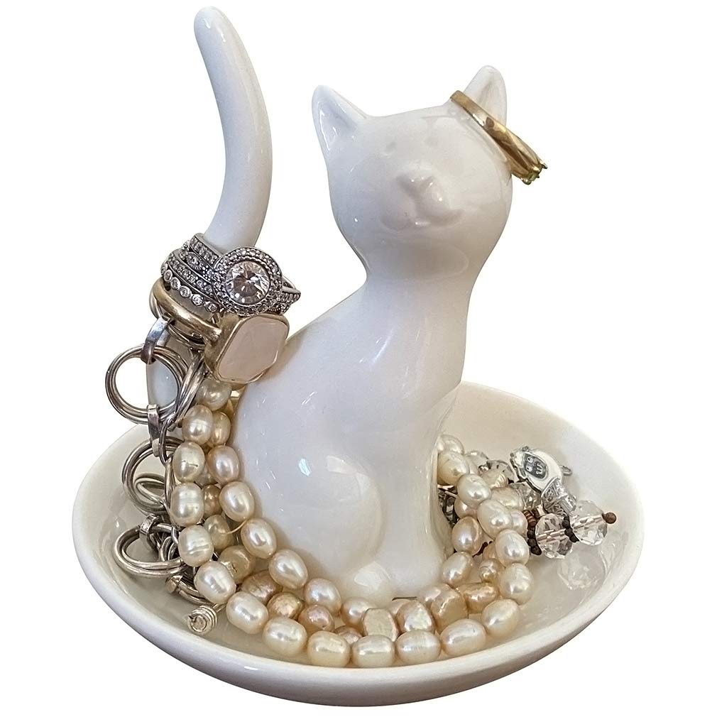 Evelots Porcelain Cat Jewelry Dish - Elegant Ring Holder & Earrings Organizer for Bracelets, Necklaces - Perfect Cat Lover Gift for Valentine's Day, Mother's Day - White Ceramic Trinket Tray for Bathroom Vanity, Dresser & Nightstand Decor