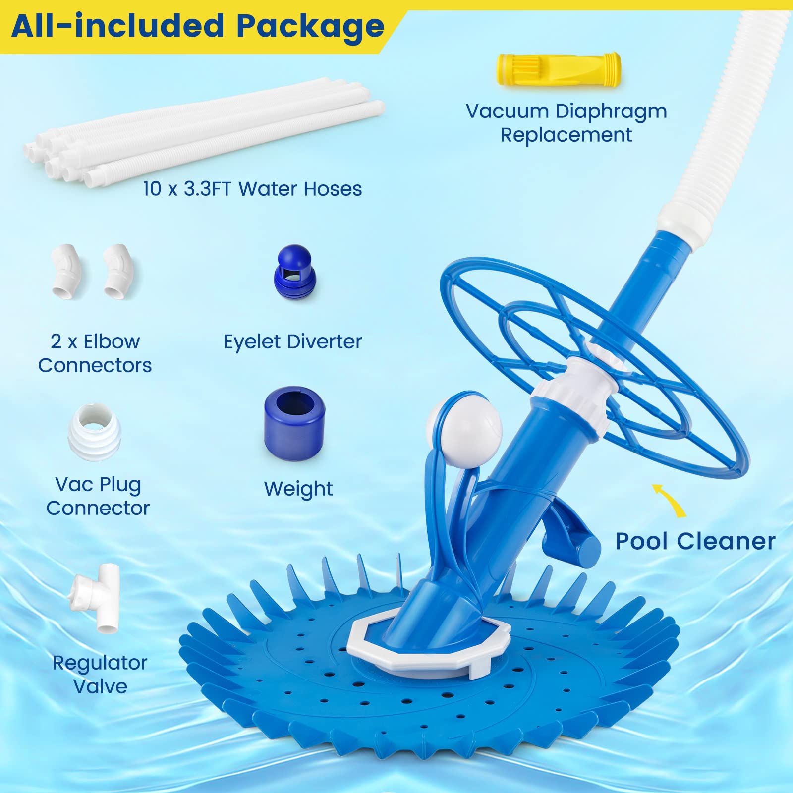 Upgraded Goplus Automatic Pool Cleaner - Robotic Vacuum Suction Pool Sweeper with 10 x 3.3 FT Extension Hoses & 36-Fin Disc, Side Climbing Design for Above Ground & Inground Pools - Efficiently Cleans Floors, Walls & Corners - Perfect for Backyard, Residential & Commercial Swimming Pools