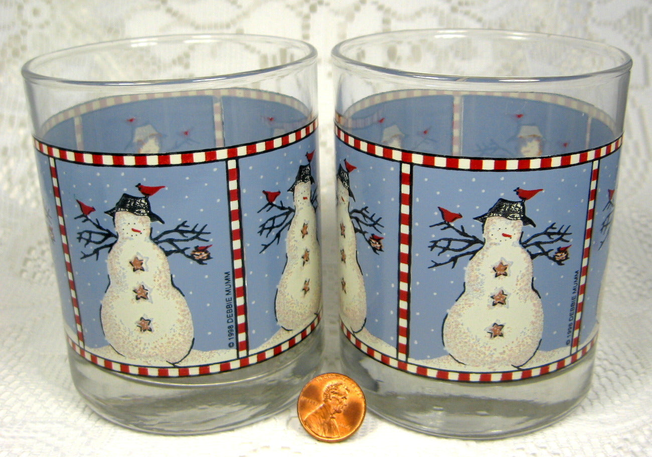 Vintage Snowman Glasses Set of 2 - Debbie Mumm Anchor Hocking Double Old Fashioned Holiday Drinkware (1998 Collection) - Perfect for Christmas Cocktails, Eggnog & Festive Party Decor