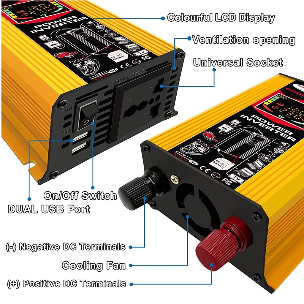 6000W Pure Sine Wave Power Inverter DC 12V to AC 110V/220V Converter with LCD Display, Dual USB Ports & Battery Clips - Perfect for RVs, Boats, Camping & Emergency Power Backup