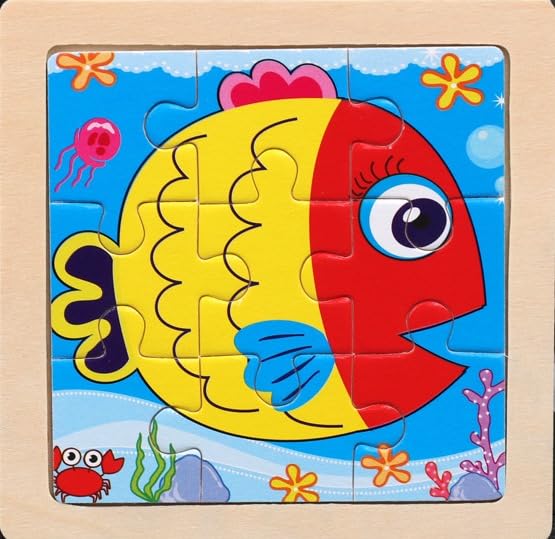 9-Piece Wooden Jigsaw Puzzle Set - Wildlife Animal Learning Toys for Toddlers & Preschool Kids (Pack of 6, SEA Animals) - Educational Montessori Toys for Early Childhood Development & Classroom Activities