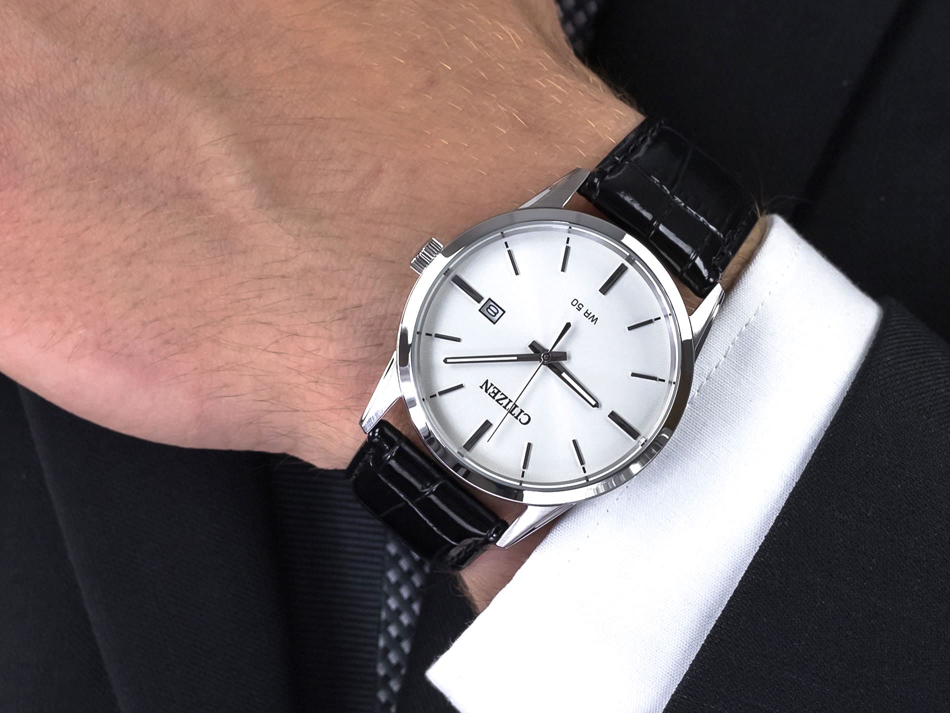 Citizen Quartz Men's Watch - Stainless Steel Case with Genuine Leather Strap - Black Dial Casual Dress Watch (Model BI5000-01A) - Perfect for Business, Office & Everyday Wear