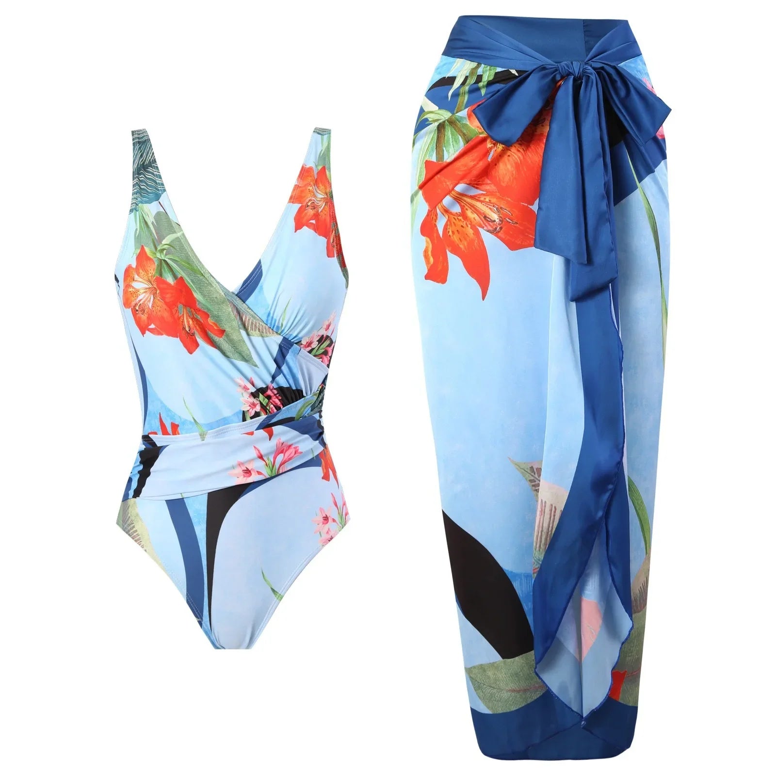 Elegant Blue Leaf Printed One Piece Swimsuit for Women - High Waisted Tummy Control Swimwear with Halter Neck | Perfect for Beach Vacations, Pool Parties & Summer Getaways