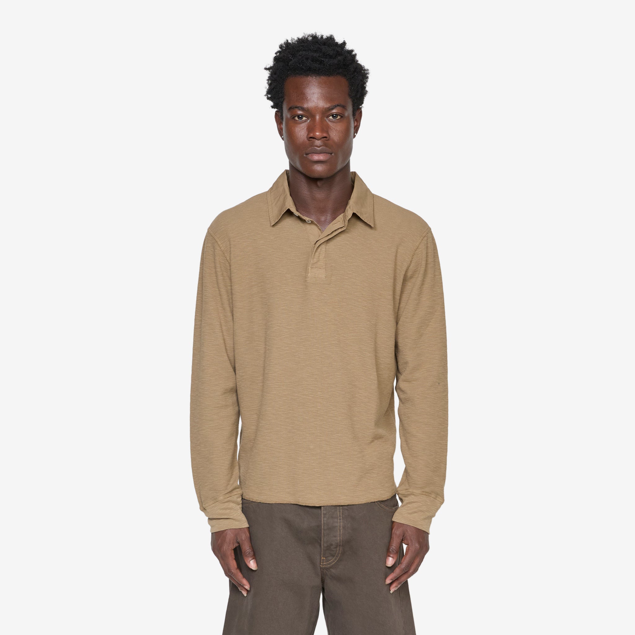 Men's Rugby Waffle Long Sleeve Shirt in Khaki - Comfortable Casual Wear for Outdoor Activities and Sports