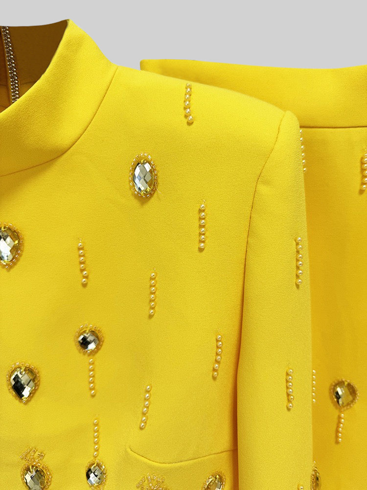 Elegant Diamond Embellished Co-Ord Set with Maxi Skirt in Yellow | Women's Fashion Outfit for Parties, Weddings & Special Occasions