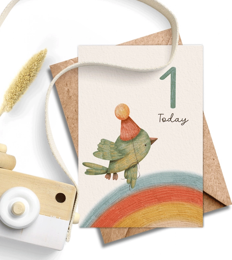 1st Birthday Bird Card - Handmade by Ilana Ewing Designs - Perfect for Baby's First Birthday Party & Milestone Celebrations