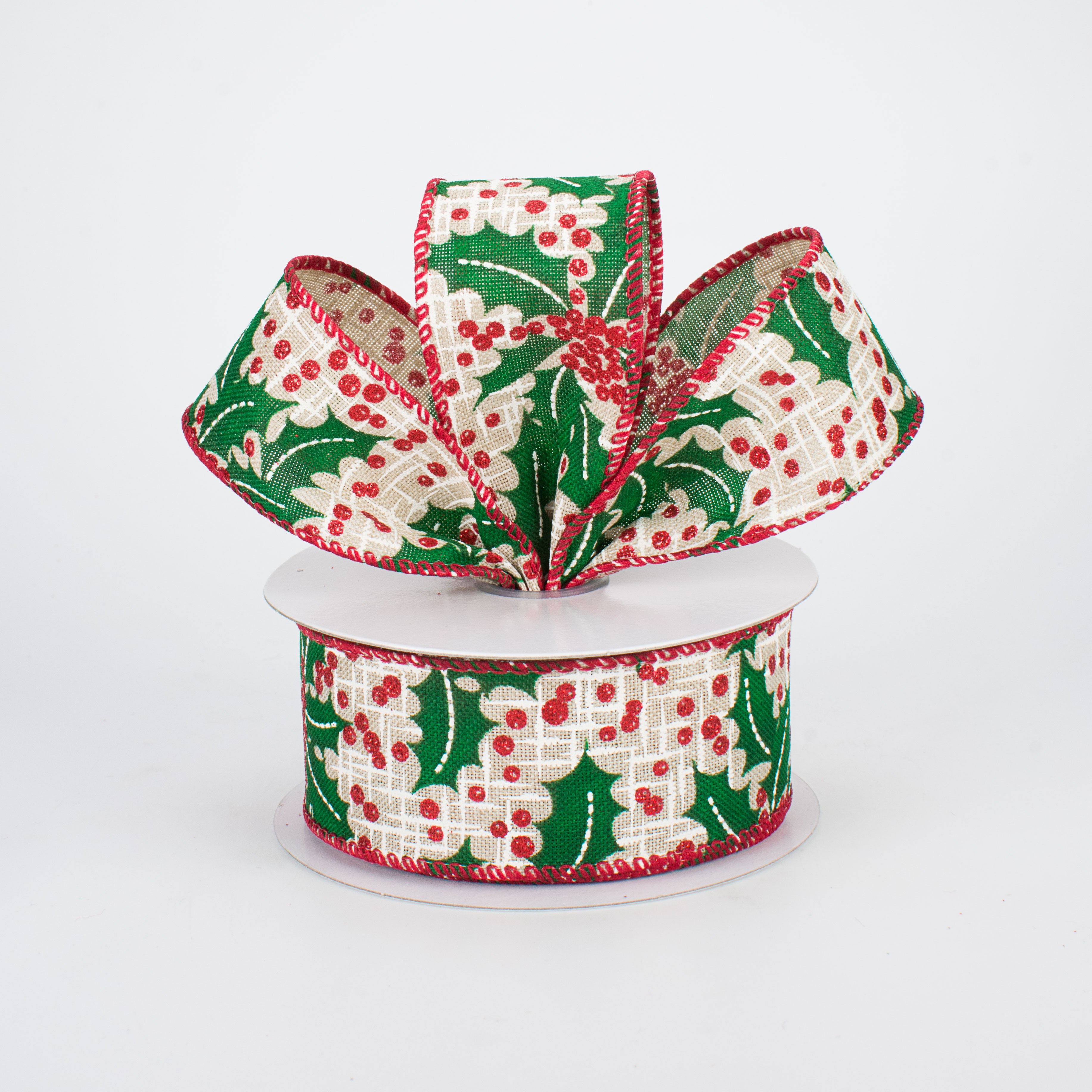 1.5 Inch Holly & Glittered Berries Christmas Ribbon - 10 Yards Red & Green Decorative Ribbon for Gift Wrapping, Tree Decor, Holiday Crafts