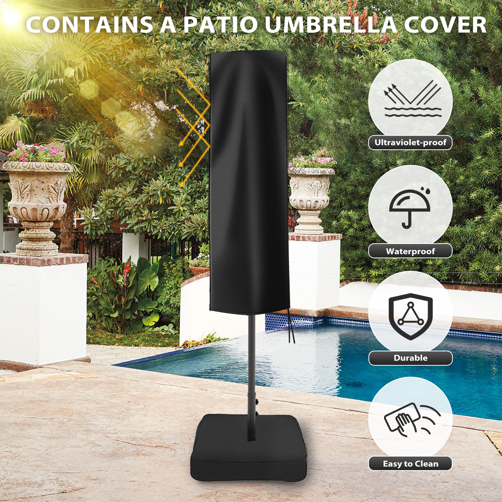 15ft Large Outdoor Patio Umbrella with Heavy Duty Base & Protective Cover - Double-Sided Sun Shade for Pool, Garden, Backyard, and Beach Relaxation