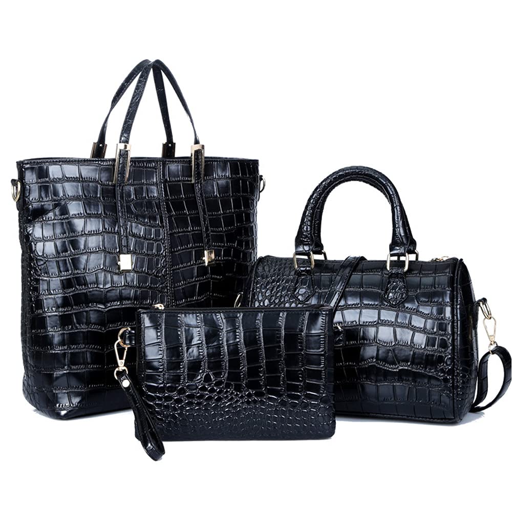 3PC Women's Crocodile Pattern Handbag Set - Satchel, Shoulder Tote & Wallet for Work & Travel