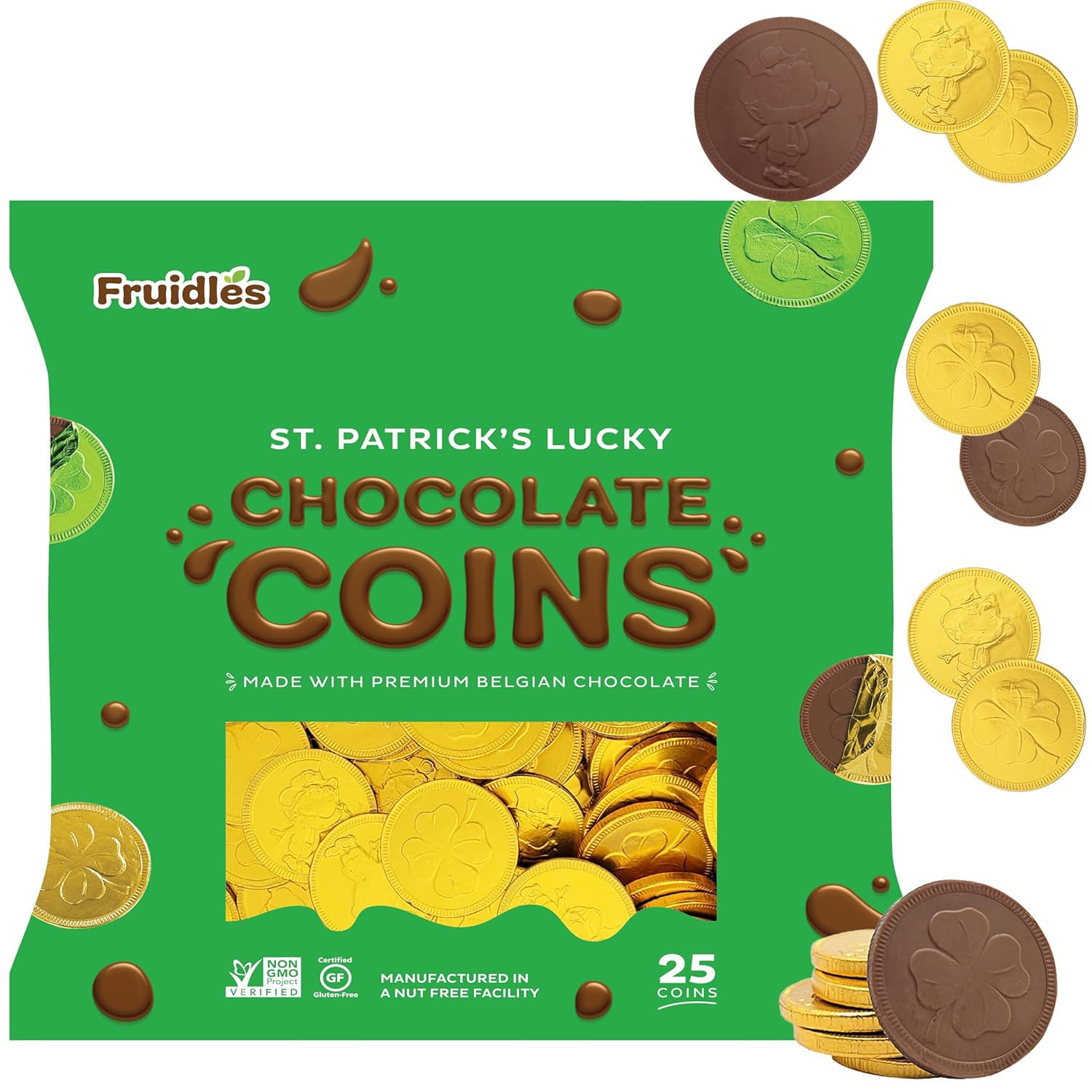St. Patrick's Day 25 Gold Shamrock Chocolate Coins - Belgian Milk Chocolate Clover Coins in Foil Wrapping, Nut-Free (25-Pack) - Perfect for Party Favors, Classroom Treats & Holiday Celebrations