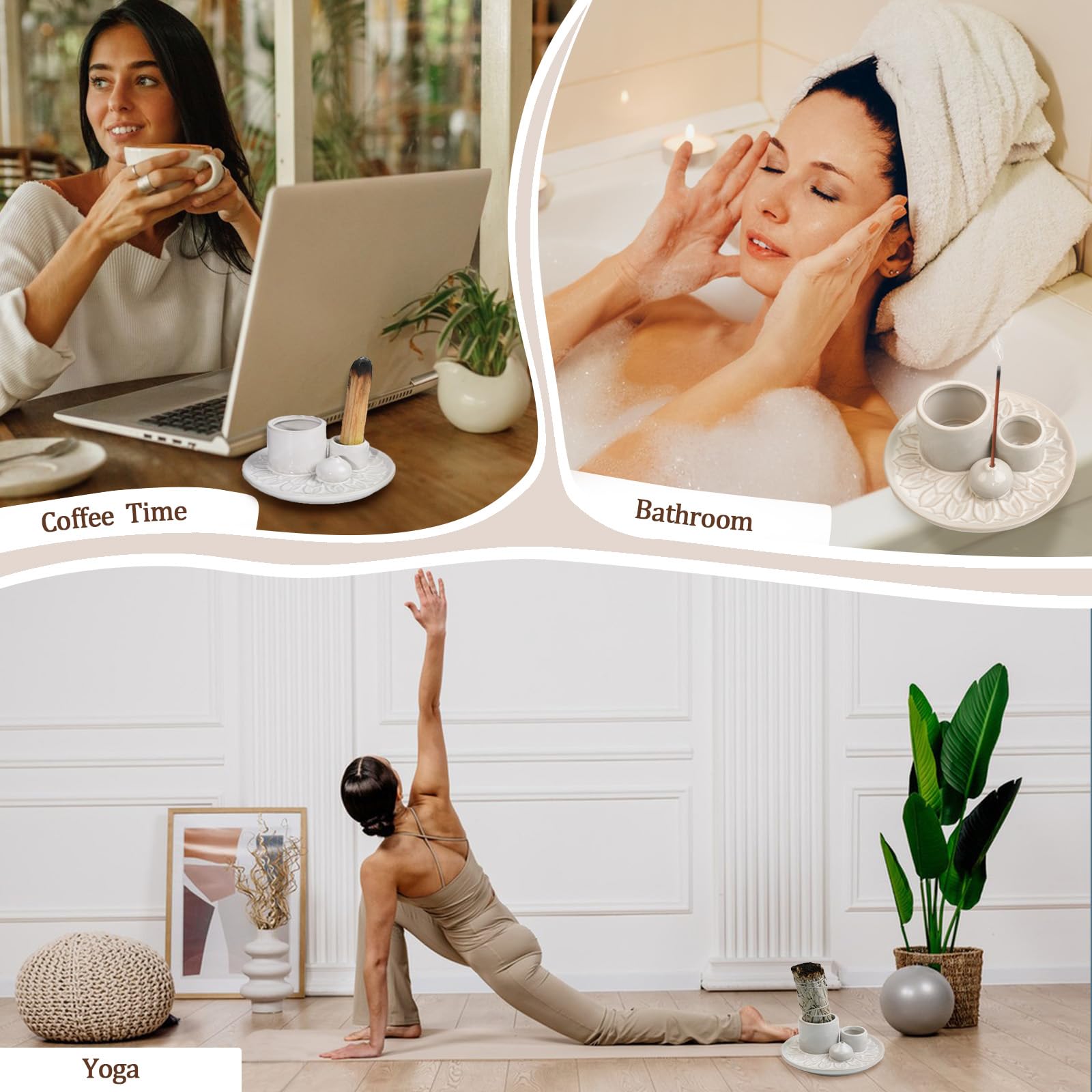 4 in 1 Ceramic Incense Burner Holder - Sage Smudging, Palo Santo & Candle Holder with Ash Catcher Tray for Meditation, Yoga, Home Decor & Spiritual Cleansing Rituals