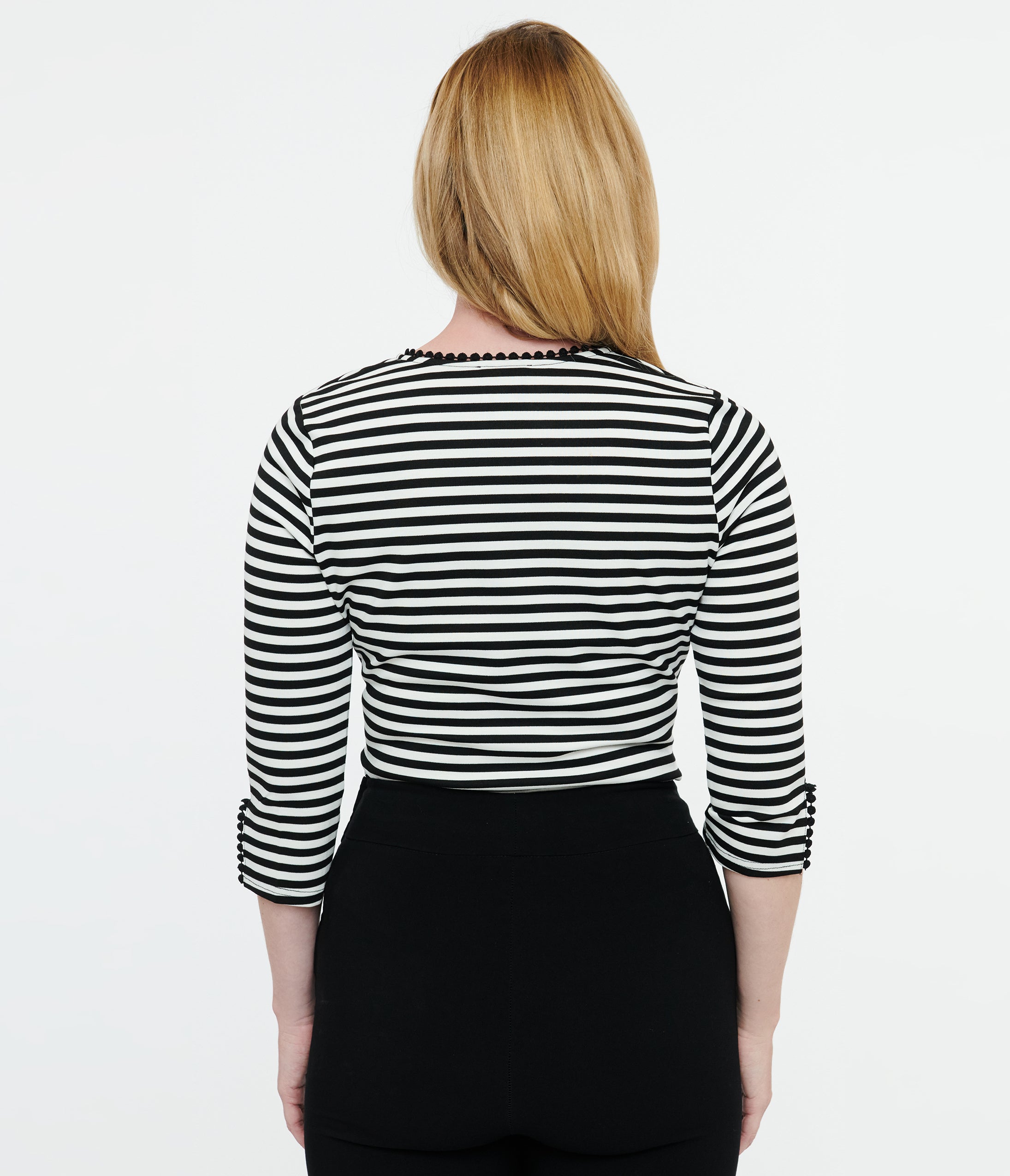 Vintage 1950s Black & White Striped Cutout Neck Tie Blouse - Retro Pin-Up Style Top for Women, Perfect for 50s Themed Parties, Swing Dancing & Rockabilly Fashion