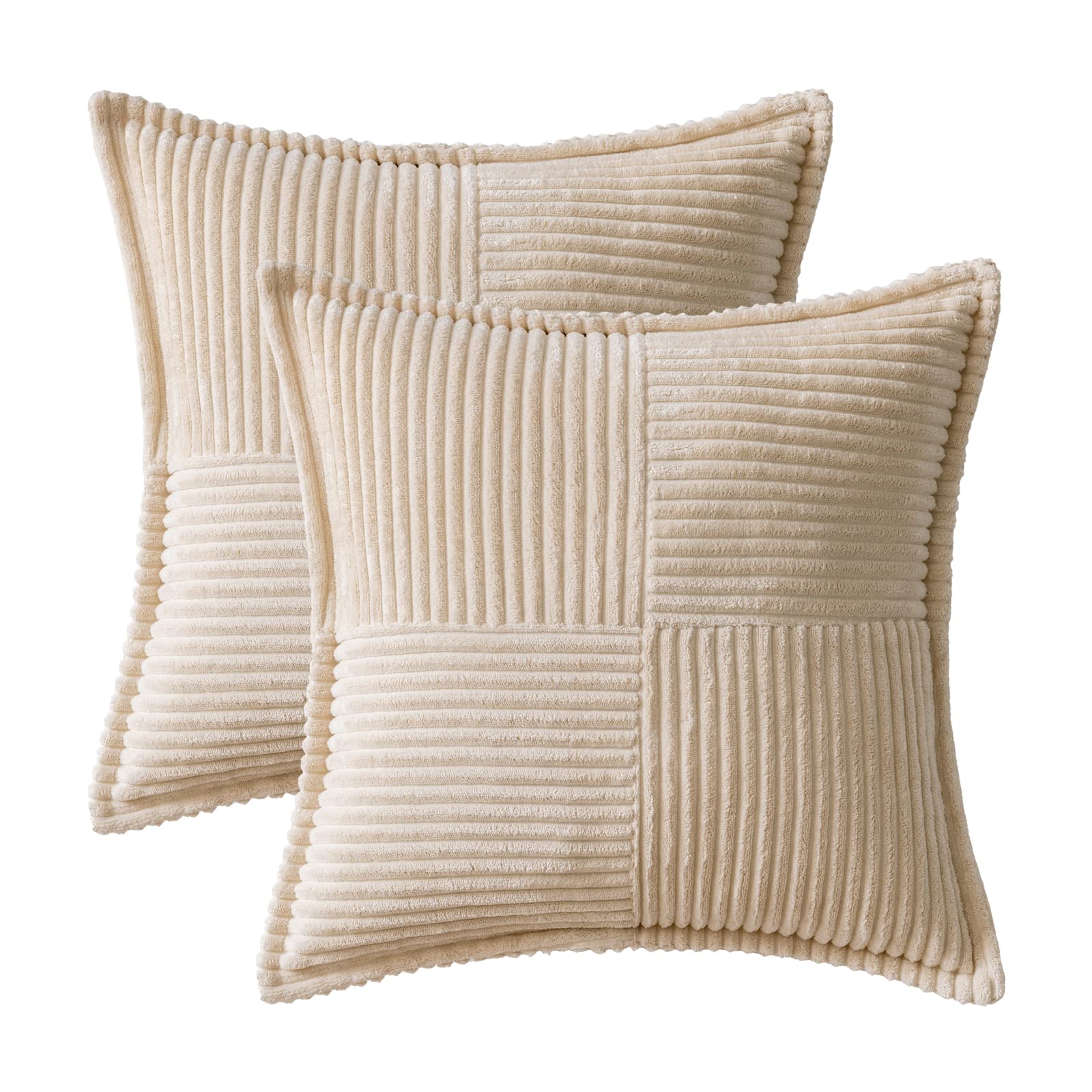 MIULEE Set of 2 Soft Corduroy Boho Striped Pillow Covers - 24x24 Inch Decorative Throw Pillow Cases for Couch, Sofa & Living Room - Beige & White Splicing Design - Perfect for Spring Home Decor, Cozy Reading Nook or Boho Chic Bedroom Accent