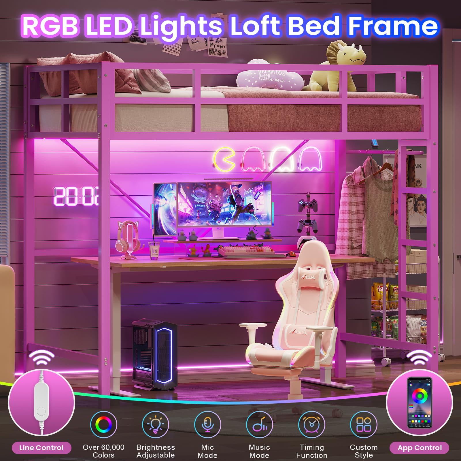 Hasuit Twin Metal Loft Bed with LED Lights - Sturdy Space-Saving Loft Bed Frame with Full-Length Guardrail & Clothes Rack - No Box Spring Needed, Noise Free - Perfect for Kids, Teens & Small Bedrooms (Pink)