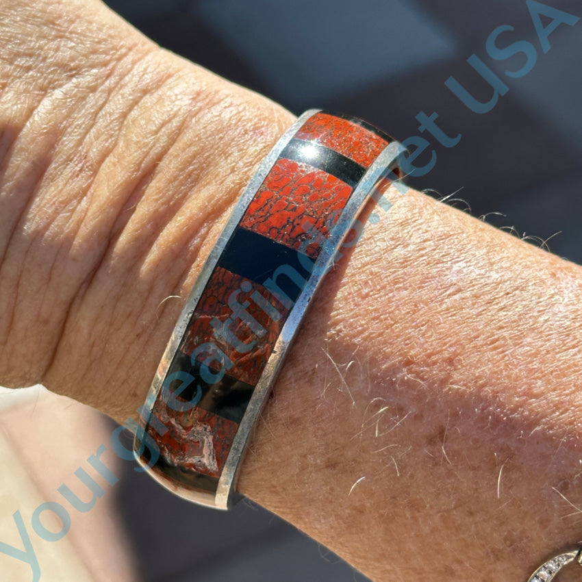 Vintage Navajo Jet & Red Dinosaur Bone Channel Inlay Sterling Silver Bracelet - Handmade Native American Jewelry for Women - Perfect for Boho Fashion, Gift Giving & Special Occasions