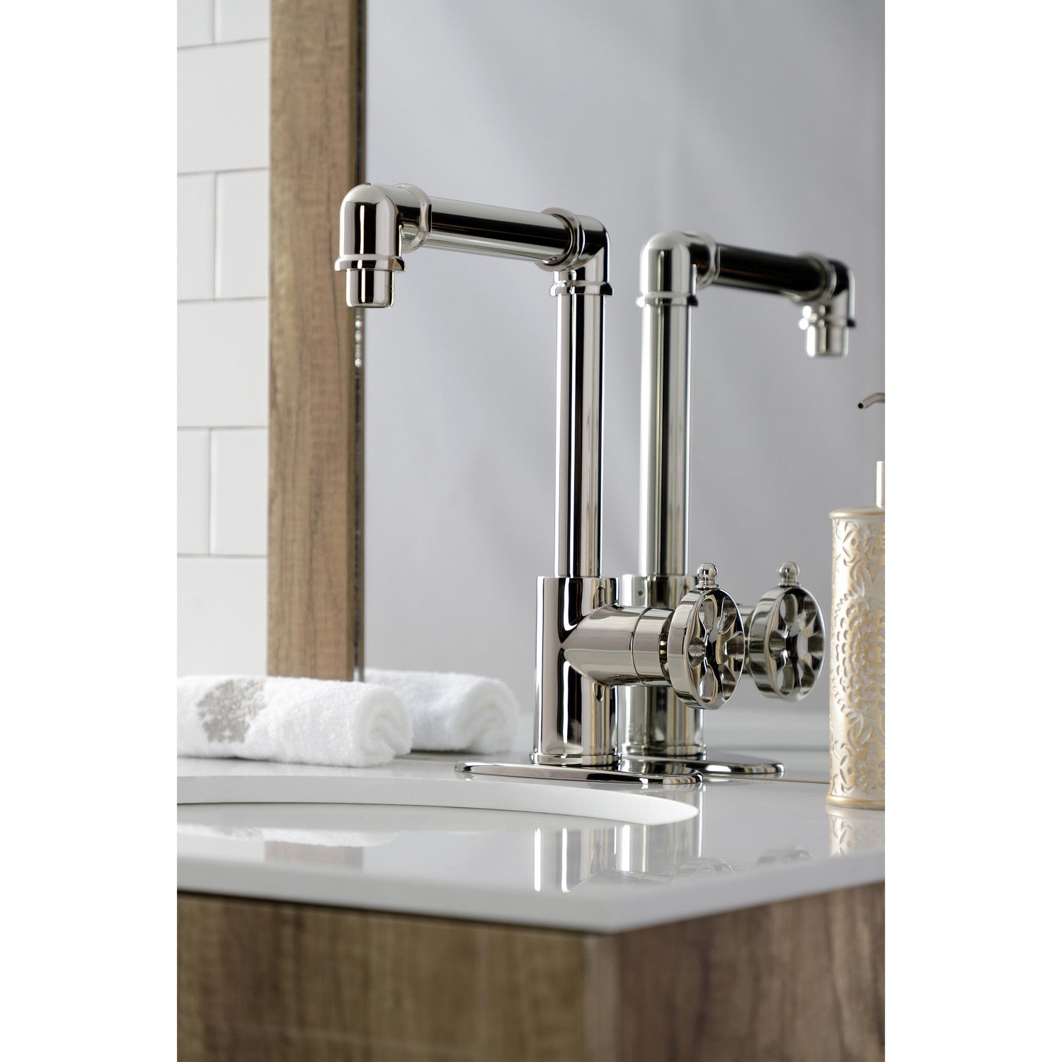 Belknap KSD144RXPN Single Handle Bathroom Sink Faucet with Deck Plate & Push Pop-Up Drain - Polished Nickel Finish for Modern Vanities & Powder Rooms