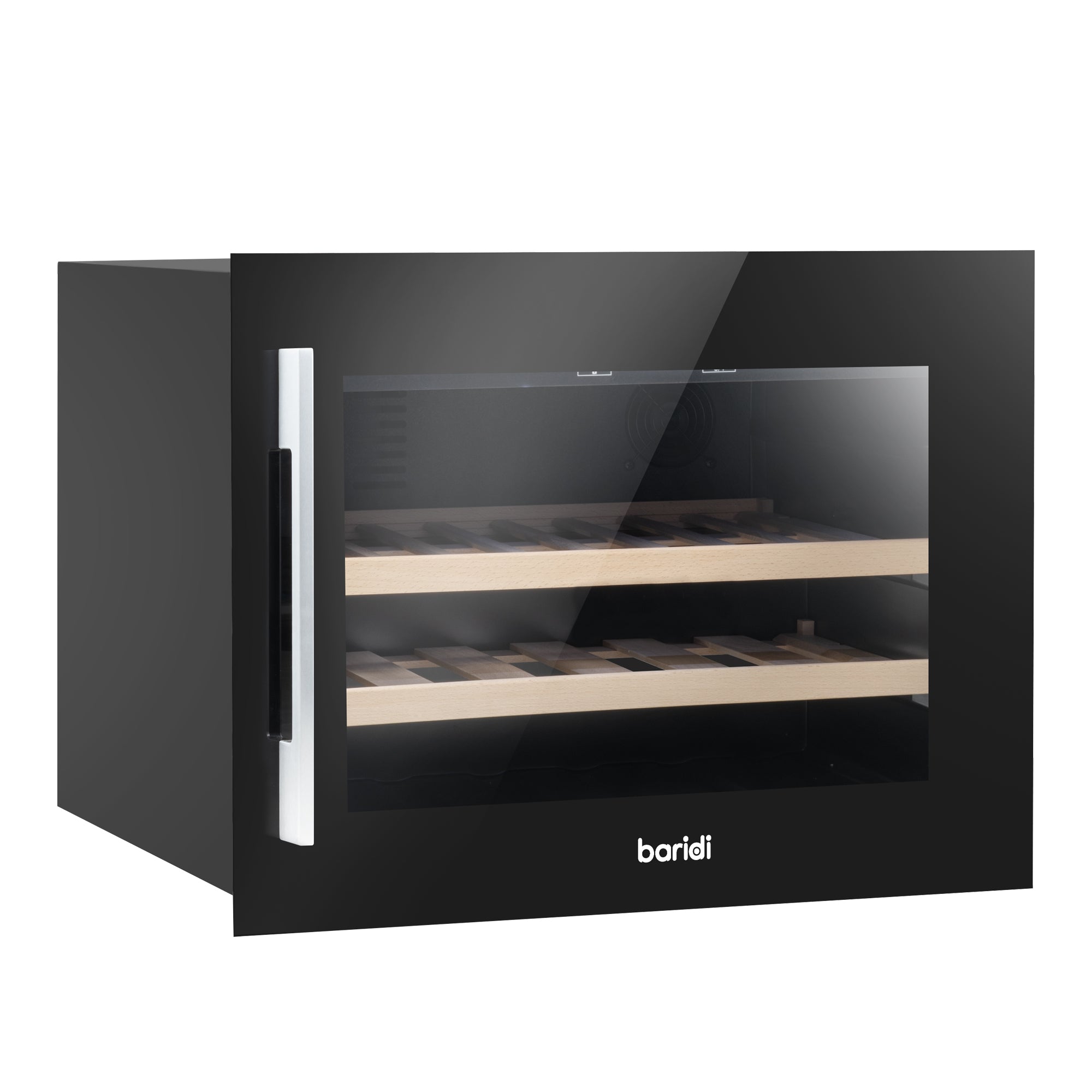 Baridi 60cm Built-In 28 Bottle Wine Cooler Refrigerator with Beech Wood Shelves - Black DH205 | Perfect for Home Bars, Restaurants & Wine Cellars