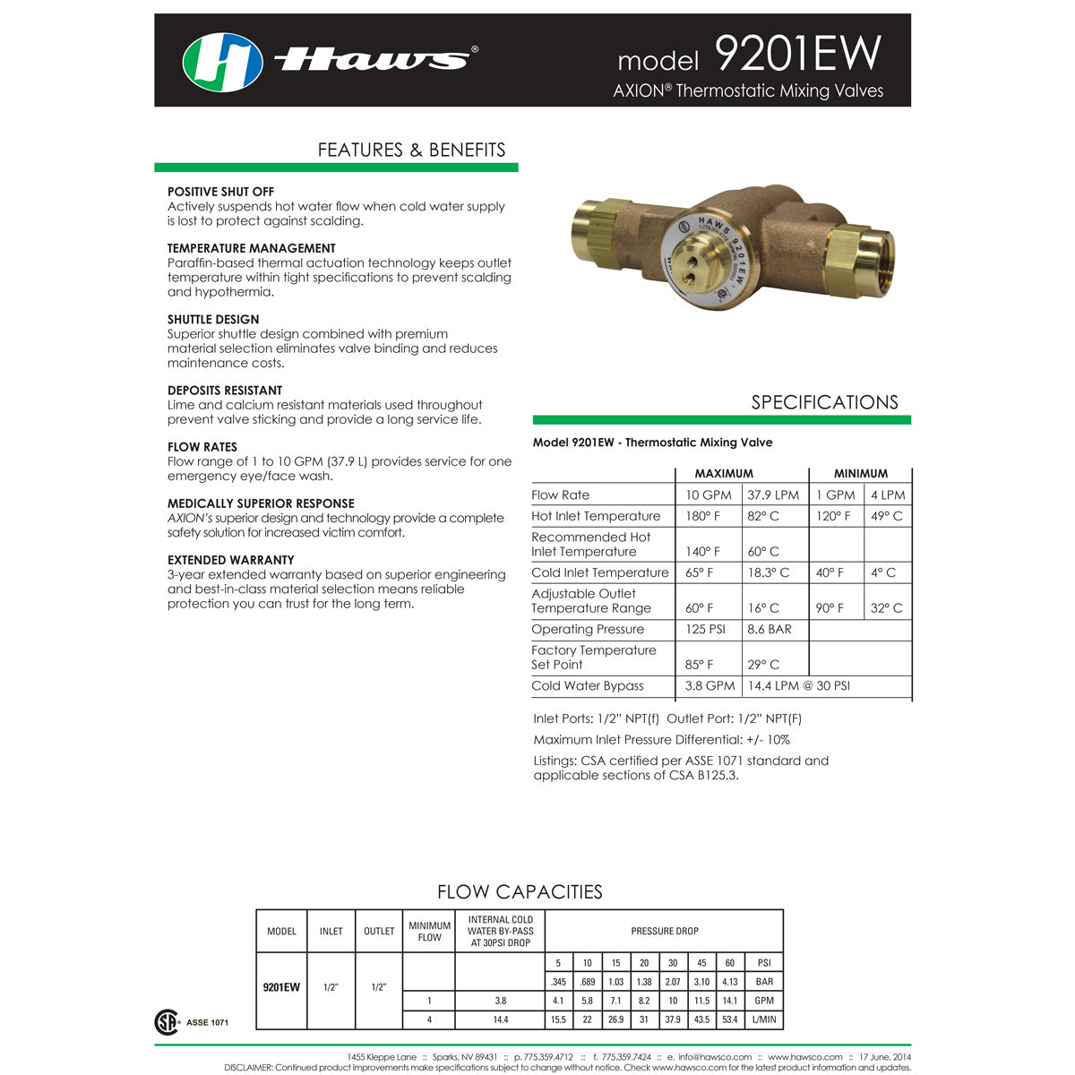 Haws 9201EW Thermostatic Mixing Valve for Shower & Bath - High Precision Temperature Control for Home & Commercial Use