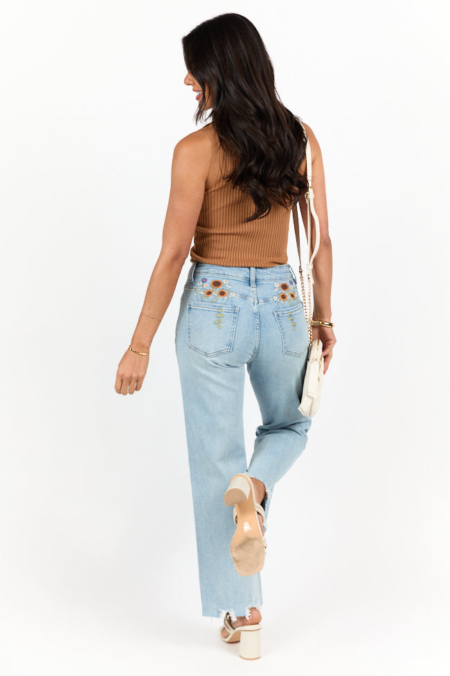 Lily Medium Wash Floral Embroidered Relaxed Crop Jeans for Women | Comfortable High Waist Distressed Denim Pants | Perfect for Casual Outings, Dates & Spring Fashion